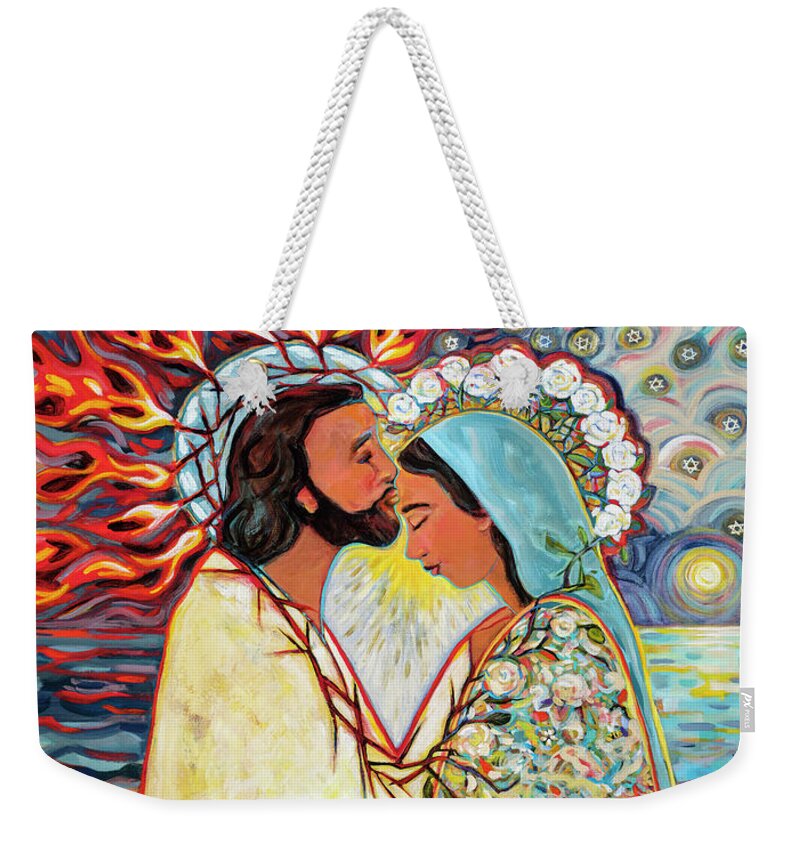 Jen Norton Weekender Tote Bag featuring the painting Mary is Crowned Queen of Heaven by Jen Norton