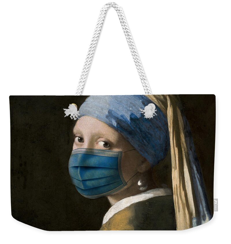Coronavirus Weekender Tote Bag featuring the digital art Masked Girl with a Pearl Earring by Nikki Marie Smith