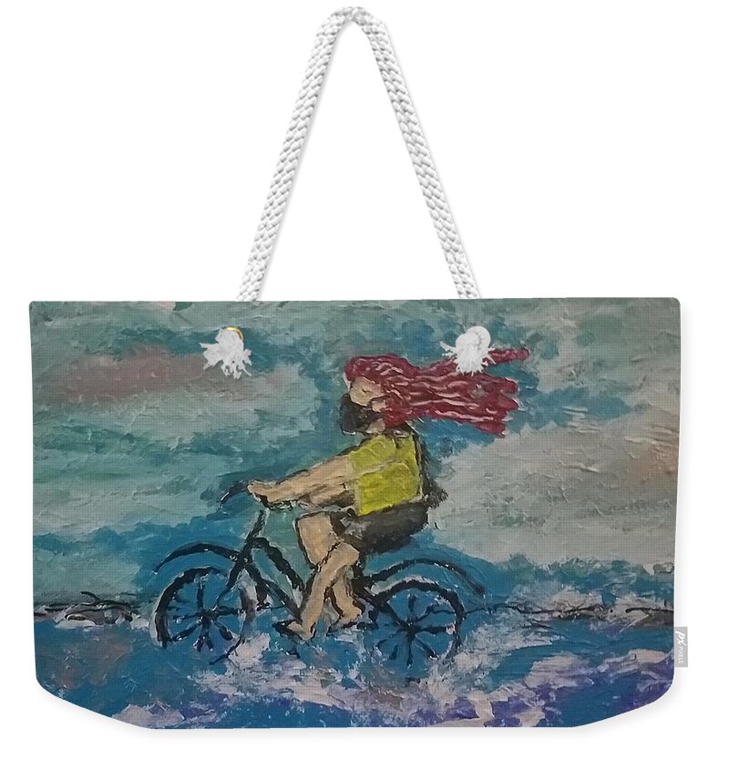  Weekender Tote Bag featuring the painting The Masked Woman on Bike in Ocean by Mark SanSouci