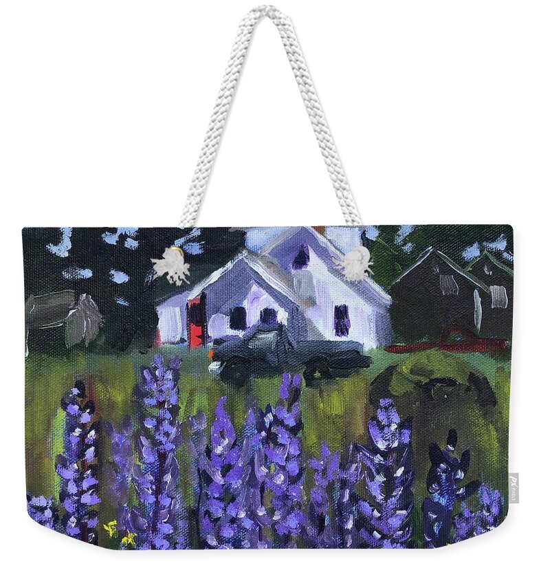 Maine Weekender Tote Bag featuring the painting Matinicus House with Lupine by Cyndie Katz