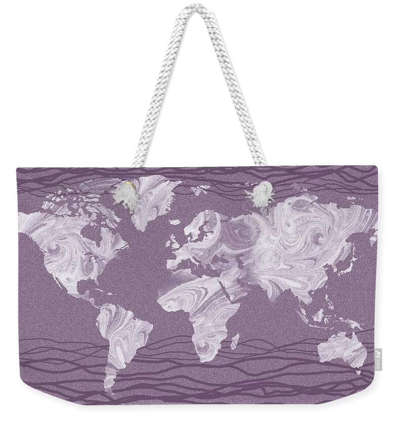 World Map Weekender Tote Bag featuring the painting Mauve Marble Watercolor World Map Silhouette by Irina Sztukowski