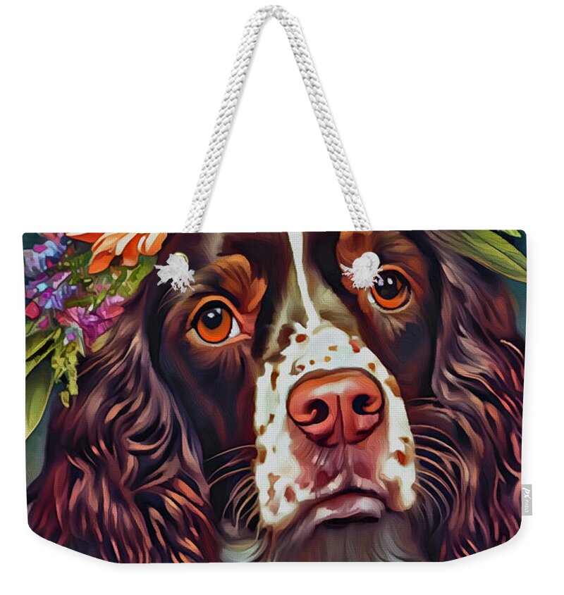 May Day Weekender Tote Bag featuring the mixed media May Day Queen Spaniel by Ann Leech