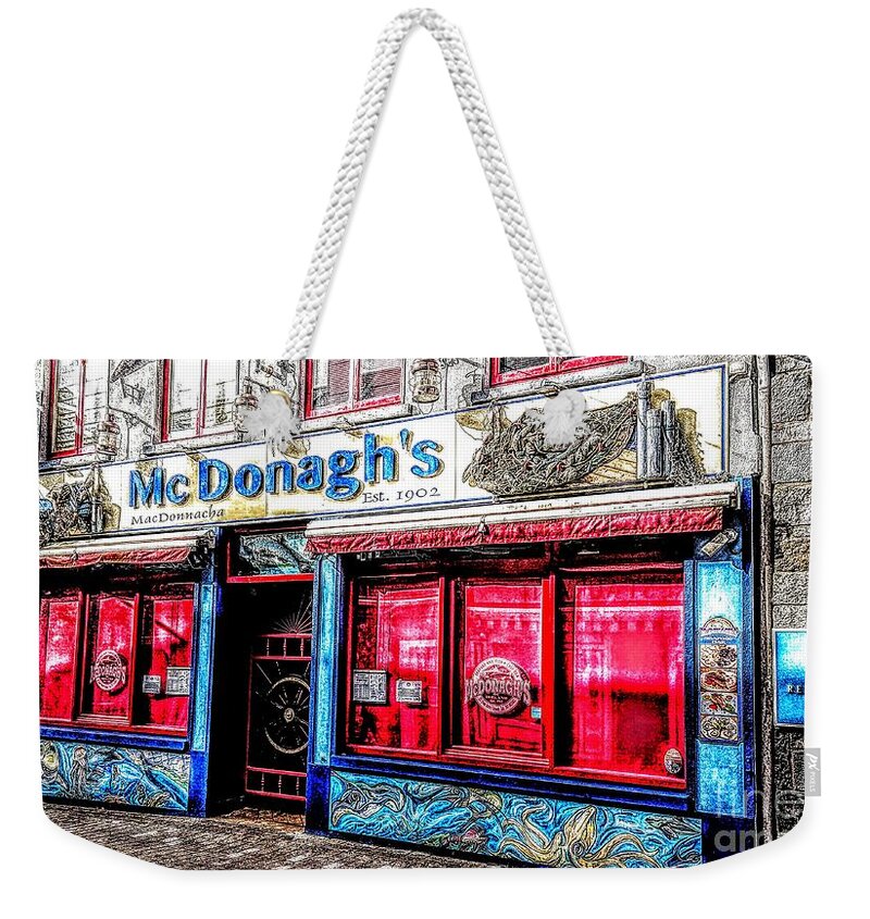 Irish Art Weekender Tote Bag featuring the painting paintings of Mcdonaghs fish restaurant Galway by Mary Cahalan Lee - aka PIXI