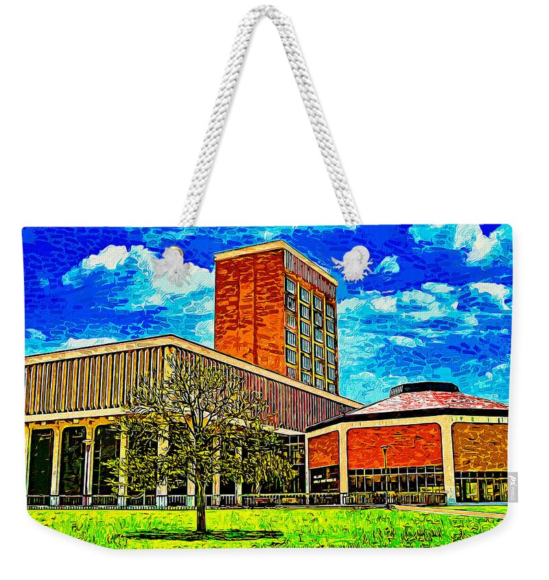 Texas Tech University College Of Media & Communication Weekender Tote Bag featuring the digital art Media and Communications Building of the Texas Tech University - impressionist painting by Nicko Prints