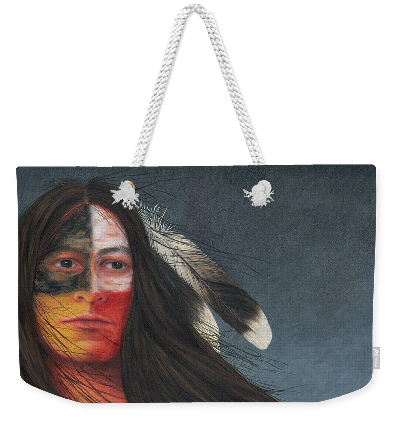 Native American; American Indian; Eagle Feathers; Medicine Wheel; Long Flowing Hair Weekender Tote Bag featuring the painting Medicine Man by Valerie Evans