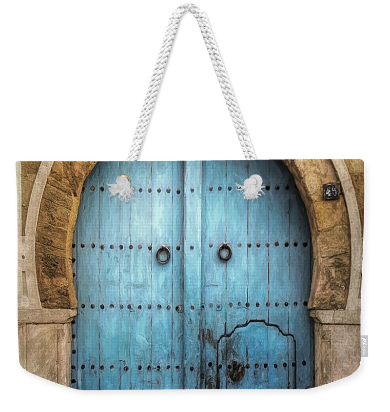 Door Weekender Tote Bag featuring the digital art Medieval Blue Arched Door by Susan Hope Finley