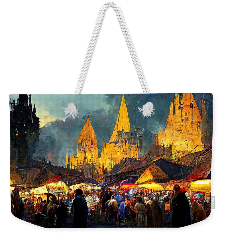 Medieval Weekender Tote Bag featuring the painting Medieval Fantasy Town, 07 by AM FineArtPrints