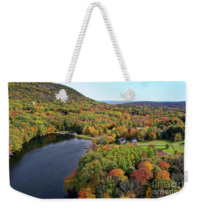 Camden Weekender Tote Bag featuring the photograph Megunticook River and Mt Battie by Kevin Shields