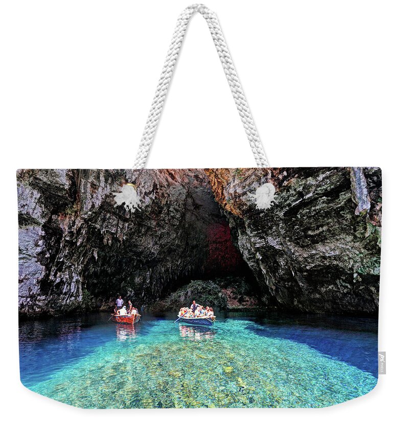 Azure Weekender Tote Bag featuring the photograph Melissani lake in Kefalonia, Greece by Constantinos Iliopoulos