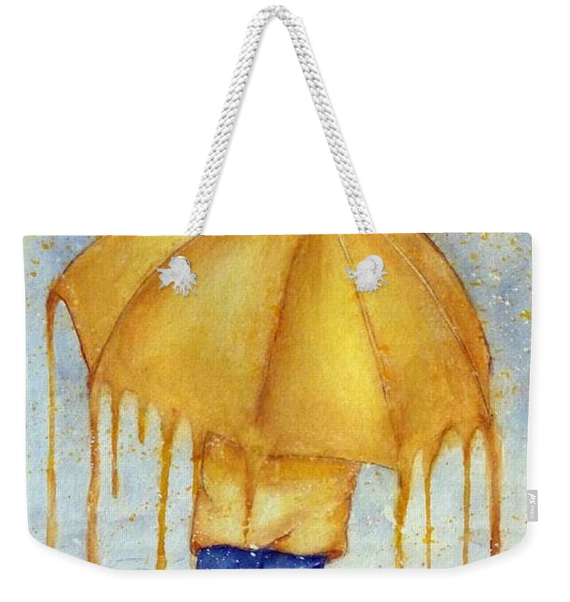 Yellow Umbrella Weekender Tote Bag featuring the painting Melting Yellow Umbrella by Kelly Mills