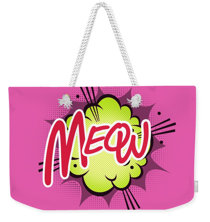 Cat Weekender Tote Bag featuring the digital art Meow cat balloon comic pop art by Stefano Senise