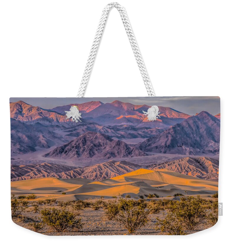 Death Valley Weekender Tote Bag featuring the photograph Mesquite Dunes Death Valley overview by Patricia Dennis