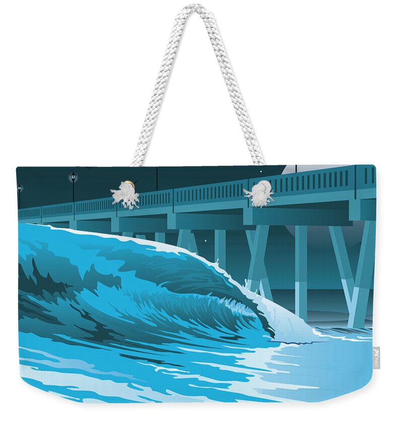 Surf Weekender Tote Bag featuring the digital art Mercer's Pier - Night Blue by William Love
