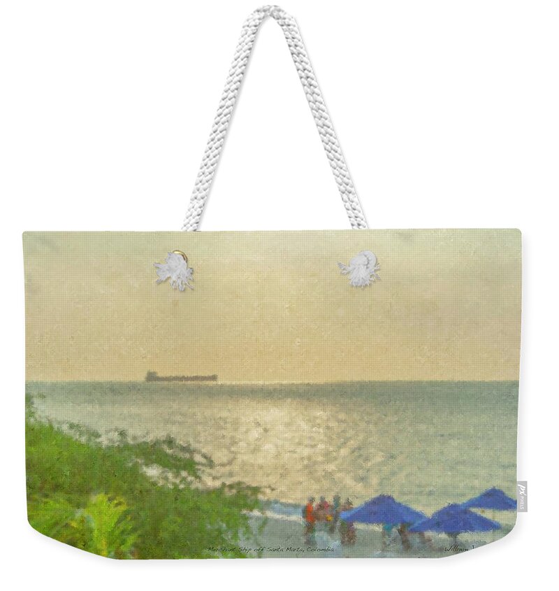 Merchant Ship Weekender Tote Bag featuring the painting Merchant Ship off Santa Marta, Colombia by Bill McEntee