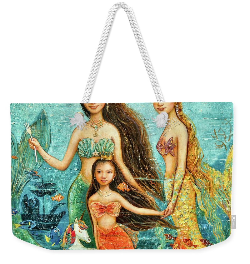 Mermaid Weekender Tote Bag featuring the painting Mermaid Sisters by Shijun Munns