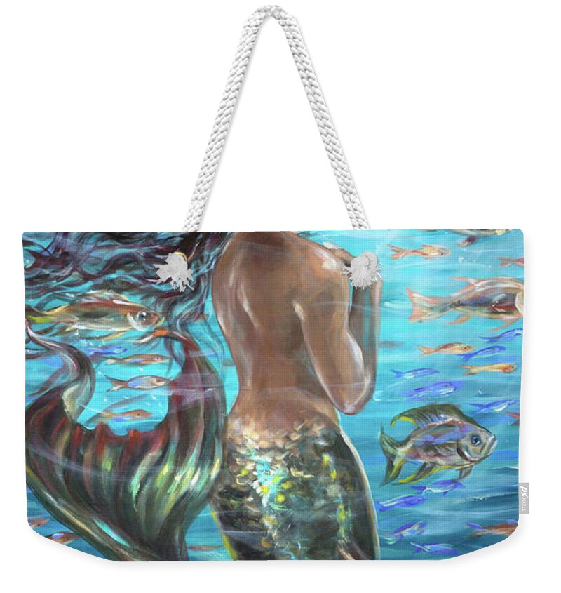 Mermaids Weekender Tote Bag featuring the painting Mermaid Turning Away by Linda Olsen