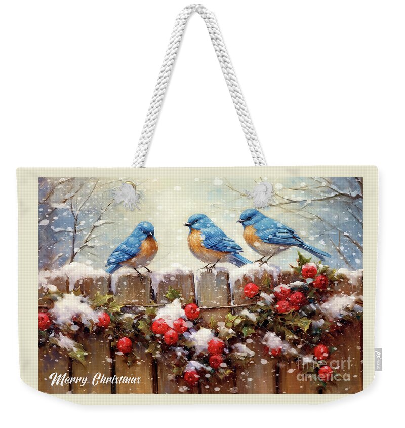 Bluebirds Weekender Tote Bag featuring the painting Merry Christmas Bluebirds by Tina LeCour