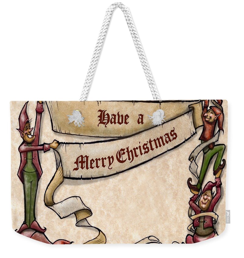 Christmas Weekender Tote Bag featuring the digital art Merry Christmas Elves by Kevin Middleton
