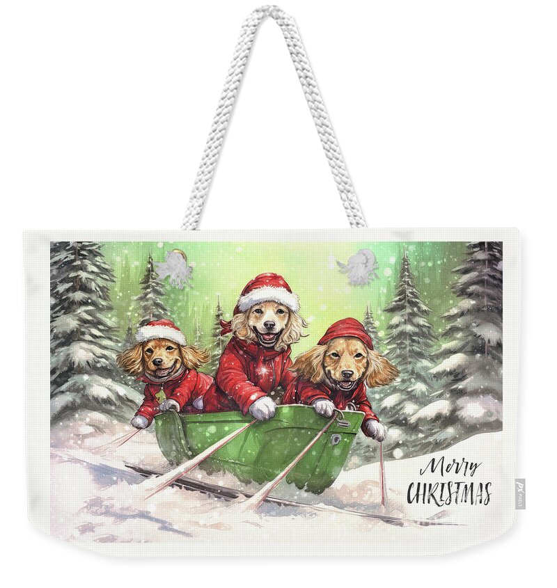 Merry Christmas Weekender Tote Bag featuring the painting Merry Christmas Pups by Tina LeCour