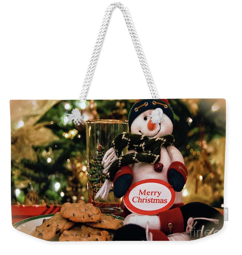 Merry Christmas Weekender Tote Bag featuring the photograph Merry Christmas Snowman by Lois Bryan
