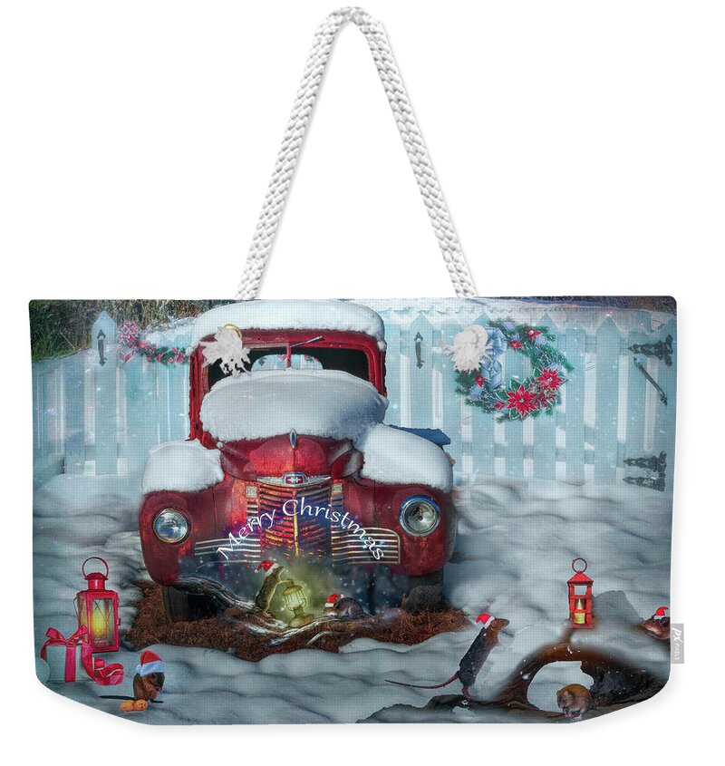 Barns Weekender Tote Bag featuring the photograph Merry Mice at Christmastime by Debra and Dave Vanderlaan