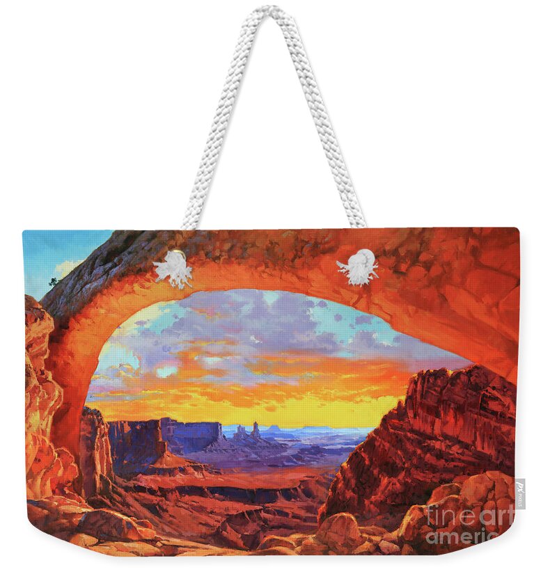 Mesa Arch Sunrise Canyonlands National Park Moab Utah Landscape Mountains Nature Southwest Sun Rise Southern South West Canyon Rock Stone Formation Glows Red Sun Burst Utah's National Park Artist Gary Kim Large Wall Canvas Print Oil Painting Mural Art Red Brown Desert Arid Butte Dawn Morning Remote Beauty Sunburst Rays Sunlight Glowing Rocks Nature Impressionist Traditional Realist Valley Warm Arches Canvas Print Framed Print Poster Metal Prints Acrylic Print Wood Print Greeting Card Sticker Weekender Tote Bag featuring the painting Mesa Arch Sunrise 1 by Gary Kim