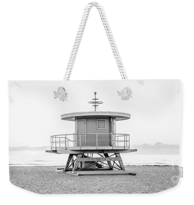 2022 Weekender Tote Bag featuring the photograph Miami Beach 10th Sreet Lifeguard Tower Black and White Panorama by Paul Velgos