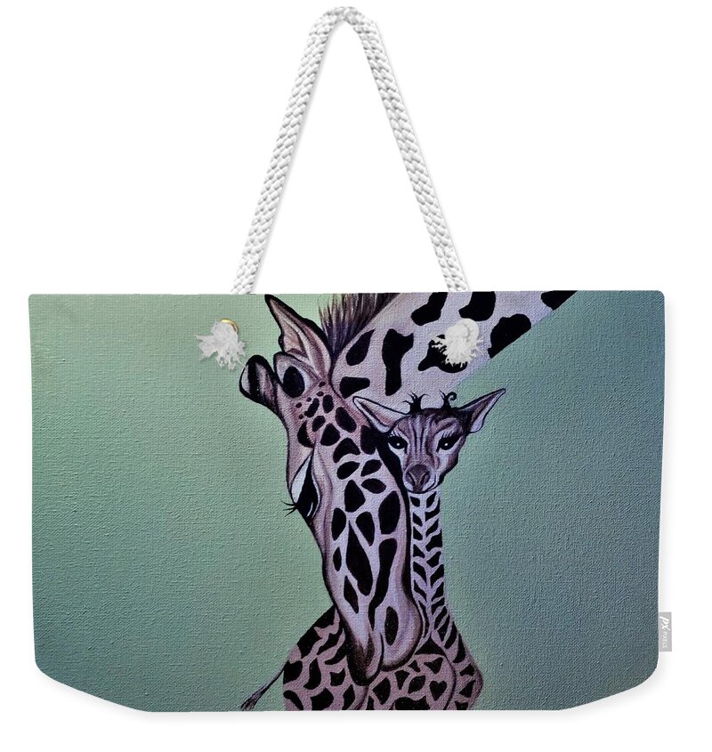 Giraffe Weekender Tote Bag featuring the painting Mia's Giraffe by Adele Moscaritolo