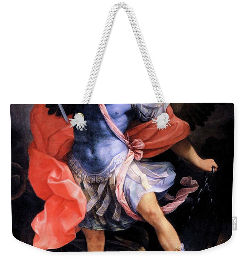 Michael The Archangel Weekender Tote Bag featuring the painting Michael defeats Satan by Guido Reni