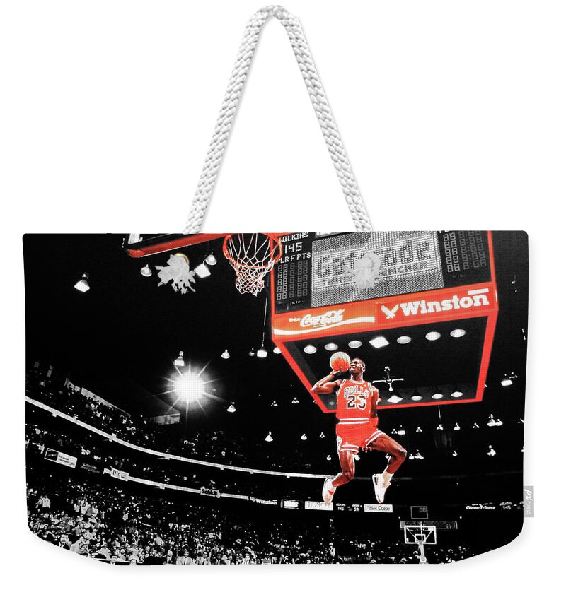Michael Jordan Weekender Tote Bag featuring the mixed media Michael Jordan Slam Dunk Contest by Brian Reaves