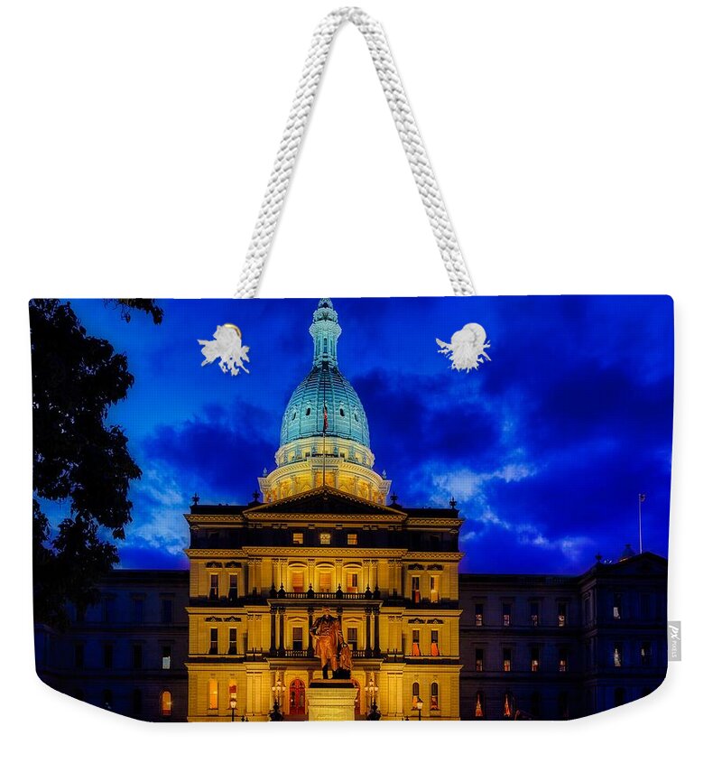 Michigan State Capitol Weekender Tote Bag featuring the photograph Michigan State Capitol Building at Dusk by Mountain Dreams