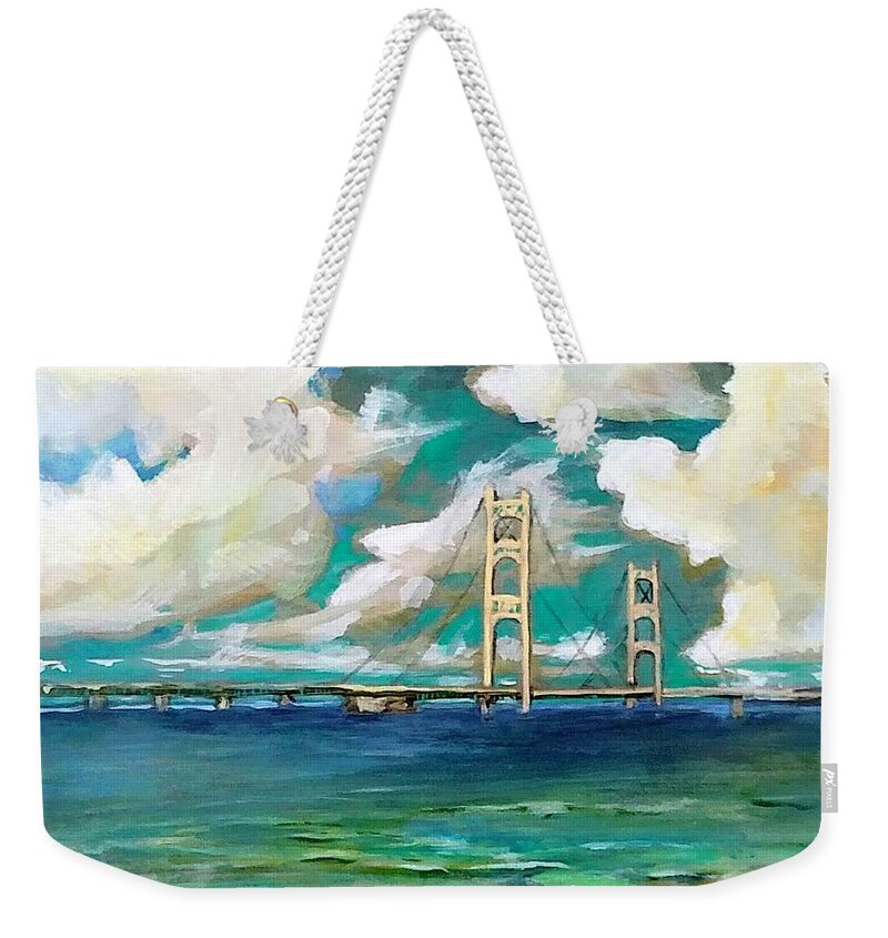Mackinac Bridge Weekender Tote Bag featuring the painting The Mackinac Bridge Michigan #2 by Marysue Ryan