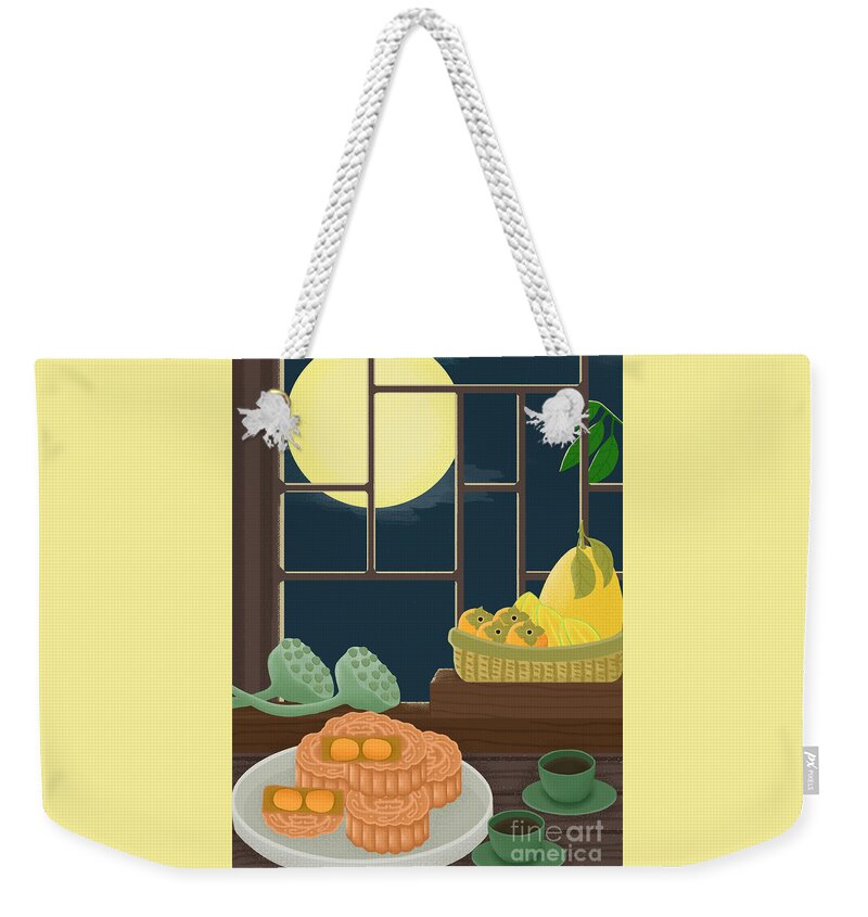 Moon Cakes Weekender Tote Bag featuring the drawing Mid-Autumn Festival Moon Cake Illustration by Min Fen Zhu