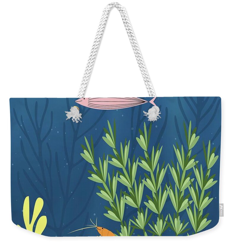 Mid Century Weekender Tote Bag featuring the digital art Mid Century Aquarium with Lobster by Donna Mibus