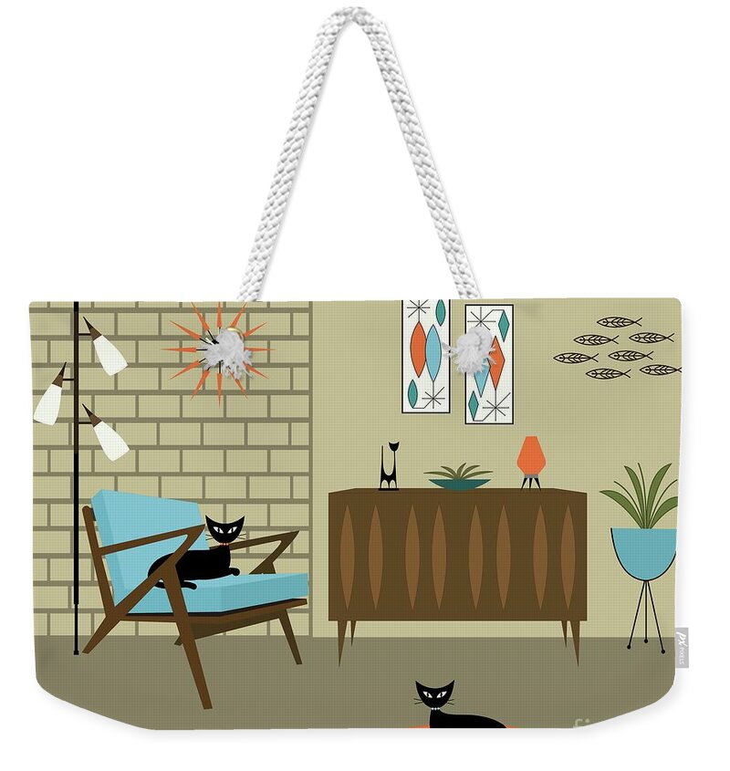 Z Chair Weekender Tote Bag featuring the digital art Mid Century Blue Z Chair Room by Donna Mibus