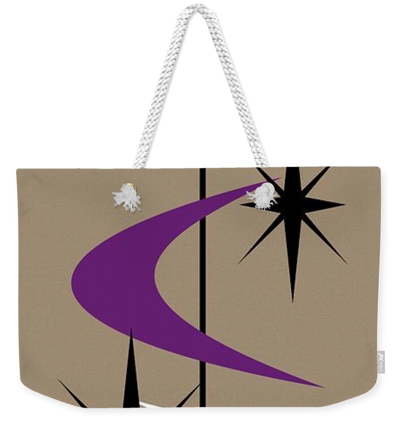  Weekender Tote Bag featuring the digital art Mid Century Boomerangs Purple Pink White by Donna Mibus