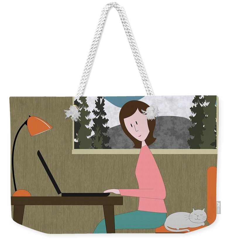 Mid Century Cat Weekender Tote Bag featuring the digital art Mid Century Cat Hogs the Chair by Donna Mibus