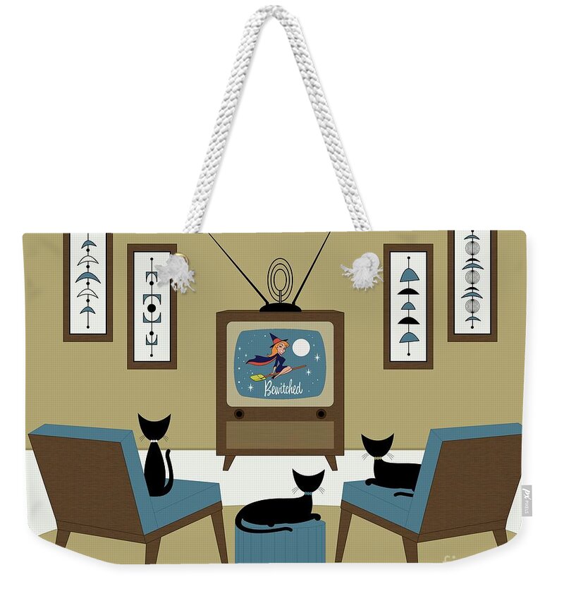 Cats Weekender Tote Bag featuring the digital art Mid Century Cat Watching TV by Donna Mibus