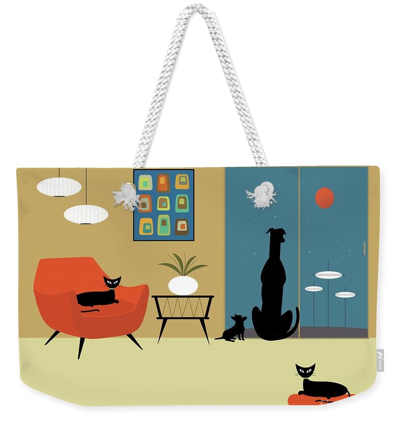 Mid Century Cat Weekender Tote Bag featuring the digital art Mid Century Cats and Dogs by Donna Mibus