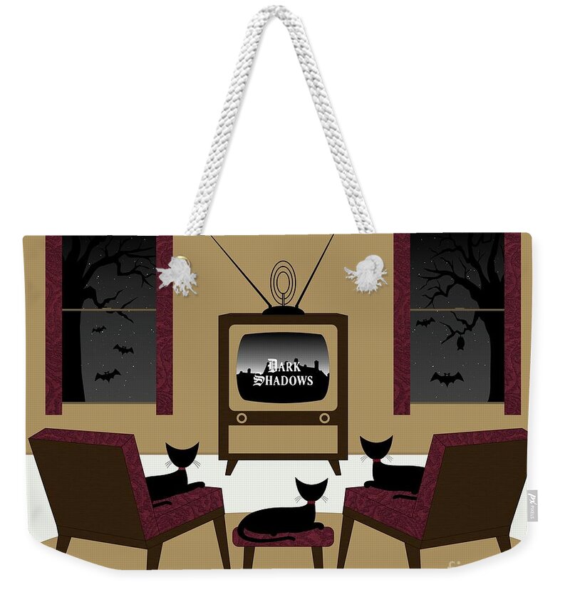 Mid Century Cat Weekender Tote Bag featuring the digital art Mid Century Cats Watch Dark Shadows 2 by Donna Mibus