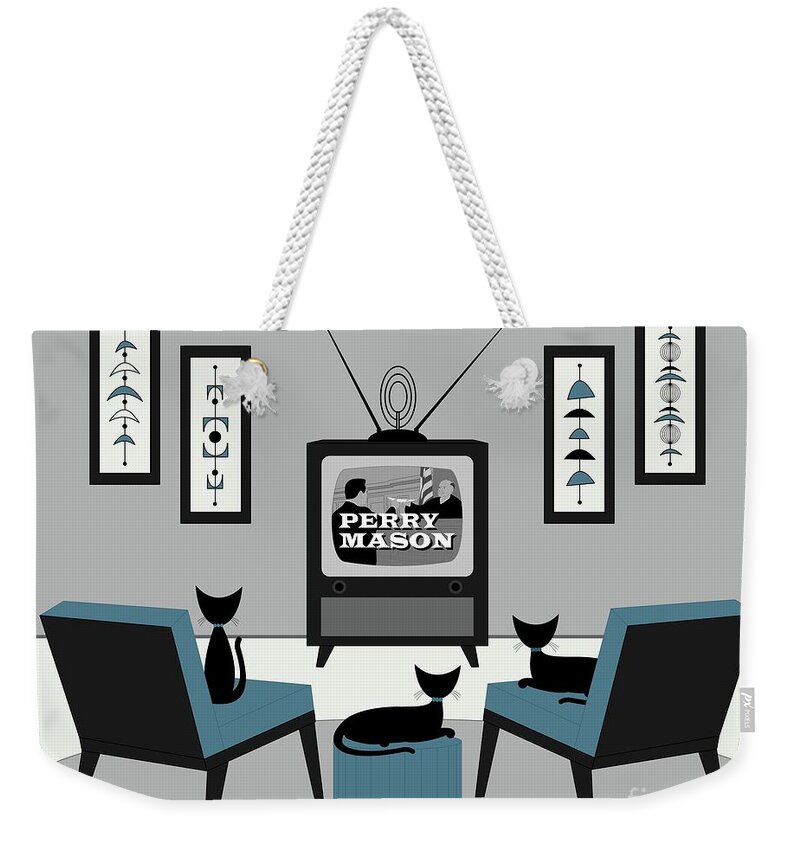 Mid Century Cat Weekender Tote Bag featuring the digital art Mid Century Cats Watch Perry Mason by Donna Mibus