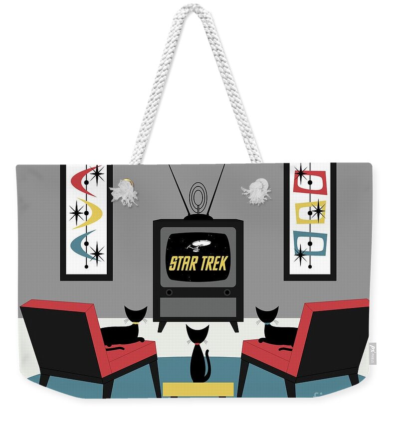 Mid Century Cats Weekender Tote Bag featuring the digital art Mid Century Cats Watch Star Trek by Donna Mibus