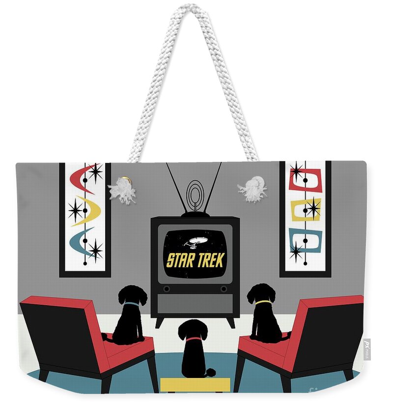 Mid Century Dog Weekender Tote Bag featuring the digital art Mid Century Dogs Watch Star Trek by Donna Mibus