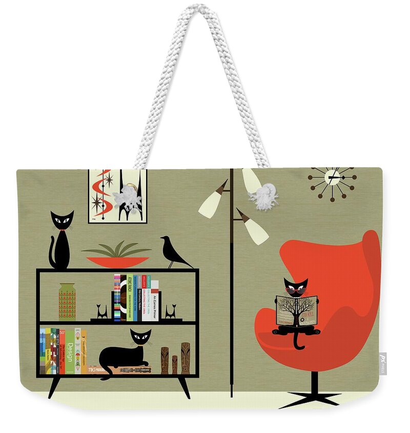 Mid Century Modern Weekender Tote Bag featuring the digital art Mid Century Modern Cat Reading by Donna Mibus