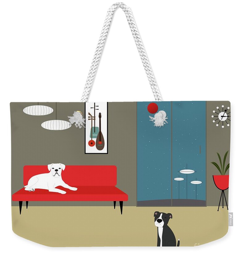 Mid Century Modern Weekender Tote Bag featuring the digital art Mid Century Room with White Boxer by Donna Mibus