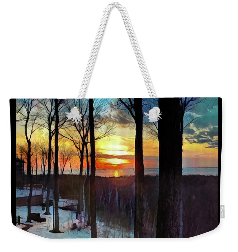 Sunset Weekender Tote Bag featuring the photograph Mid March sunset Egg Harbor by Tim Nyberg