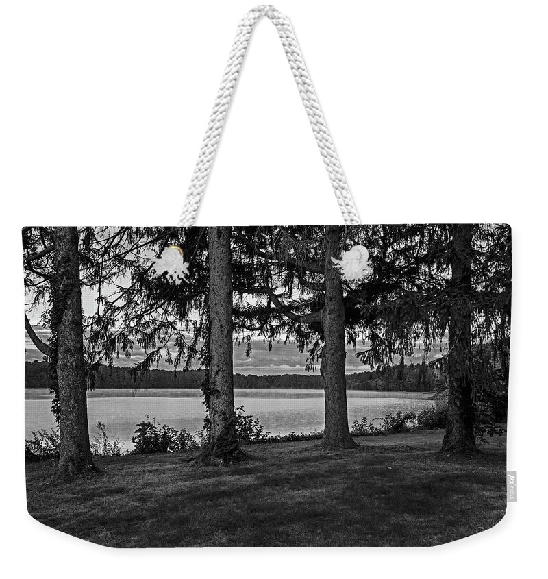 Middleton Weekender Tote Bag featuring the photograph Middleton Pond Middleton Massachusetts Beautiful Morning Light Red Glow Through the Trees BW by Toby McGuire