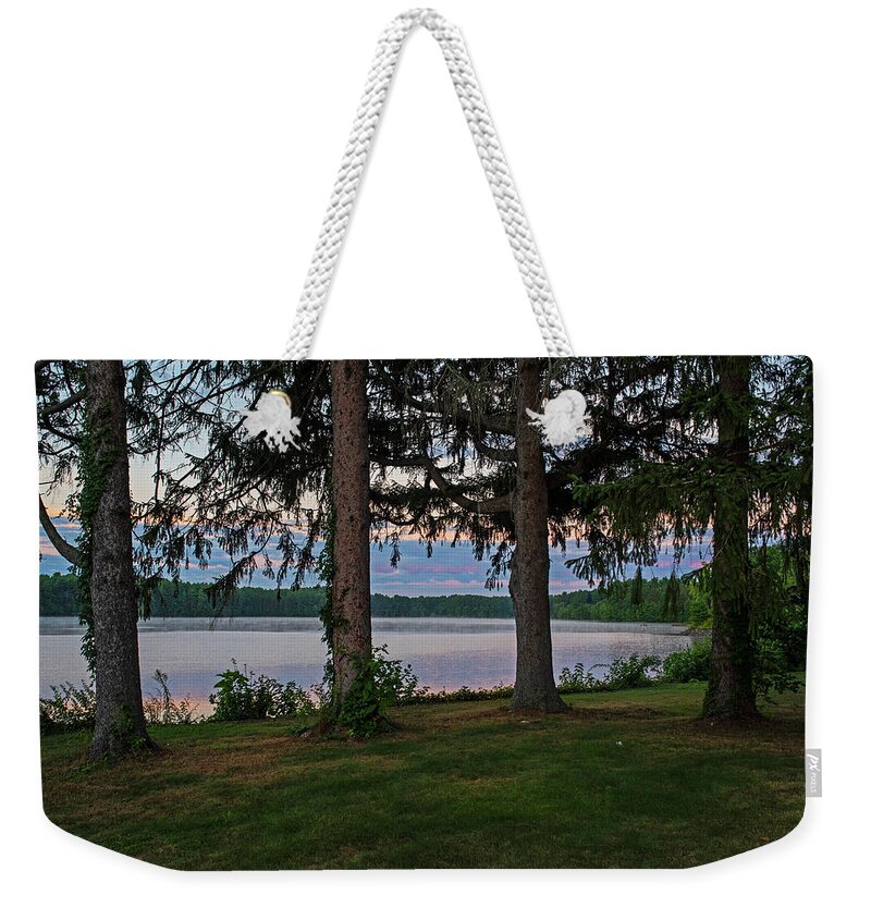Middleton Weekender Tote Bag featuring the photograph Middleton Pond Middleton Massachusetts Beautiful Morning Light Red Glow Through the Trees by Toby McGuire