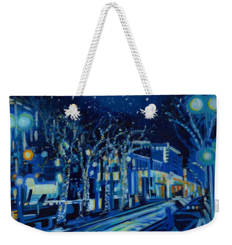 Contemporary Painting Weekender Tote Bag featuring the painting Midnight Blue by Tanya Filichkin