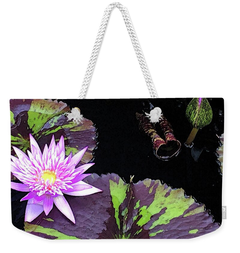 Waterlily Weekender Tote Bag featuring the mixed media Midnight Serenade Purple Waterlily by Deborah League